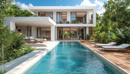 Wallpaper Mural Modern luxury home features a swimming pool surrounded by nature Torontodigital.ca