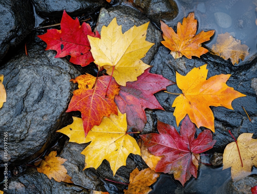 Colorful Autumn Maple Leaves on Wet Rocks Colorful Autumn Maple Leaves on Wet Rocks