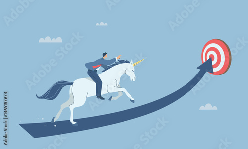 Startup business idea, Unicorn business start up inspiration, Businessman riding unicorn running following arrow to target, Success concept, Flat vector design illustration.