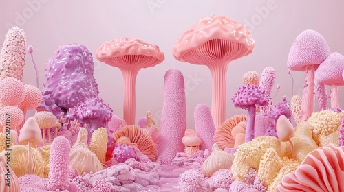 Pastel mushroom fantasy landscape; whimsical scene; digital art; website design