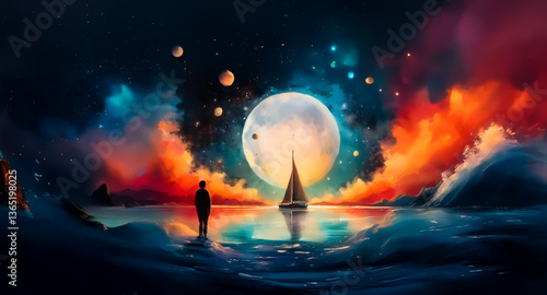 A solitary figure and sailboat gaze at a giant moon reflecting on tranquil water, beneath a vividly colored night sky filled with stars.