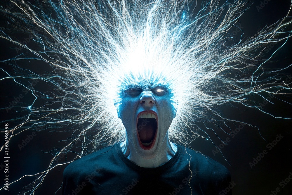 Metaphorical being electrocuted emotions of fear and despair. Being electrocuted - nightmares, bad dreams: abstract image of mental state. Dark thoughts. Sinister dreams. Twisted imagination.