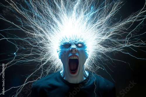Obraz na płótnie Metaphorical being electrocuted emotions of fear and despair. Being electrocuted - nightmares, bad dreams: abstract image of mental state. Dark thoughts. Sinister dreams. Twisted imagination. w salonie