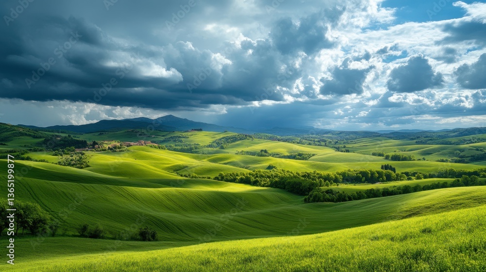 Fototapeta premium Rolling Green Hills of Tuscany Under Dramatic Sky