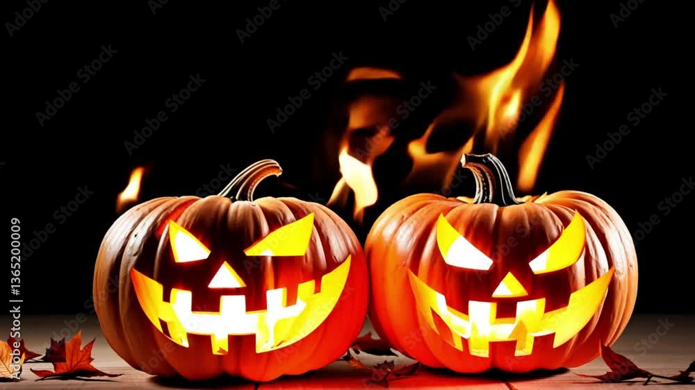 Spooky Halloween pumpkins glowing with fire against a dark background Spooky Halloween pumpkins glowing with fire against a dark background