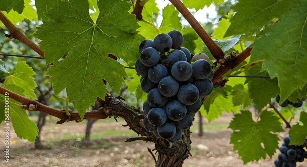 Fototapeta premium Lush Grapevine Canopy Displaying Ripe Fruit Clusters Ready for Harvest