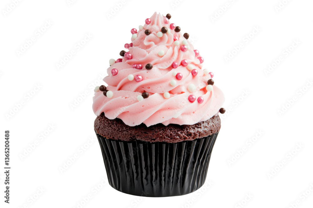 Chocolate cupcake with pink frosting and sprinkles on black background, cut out Chocolate cupcake with pink frosting and sprinkles on black background, cut out