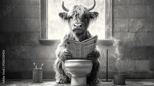 A comical scene depicts a fluffy Highland cow sitting on a toilet, engrossed in reading a newspaper inside a cozy and humorous bathroom setting.