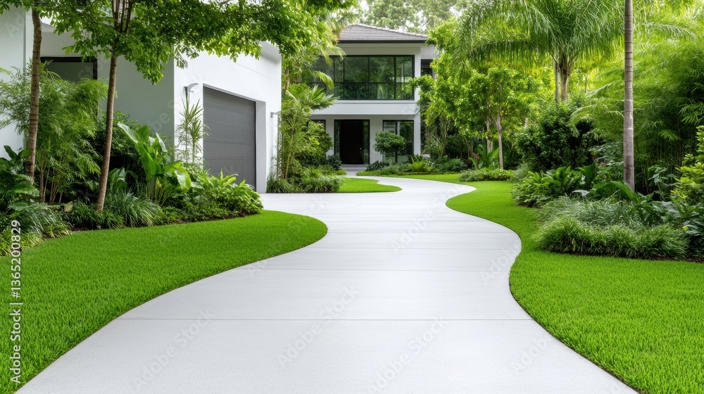 Naklejka premium Suburban street with modern home and lush greenery