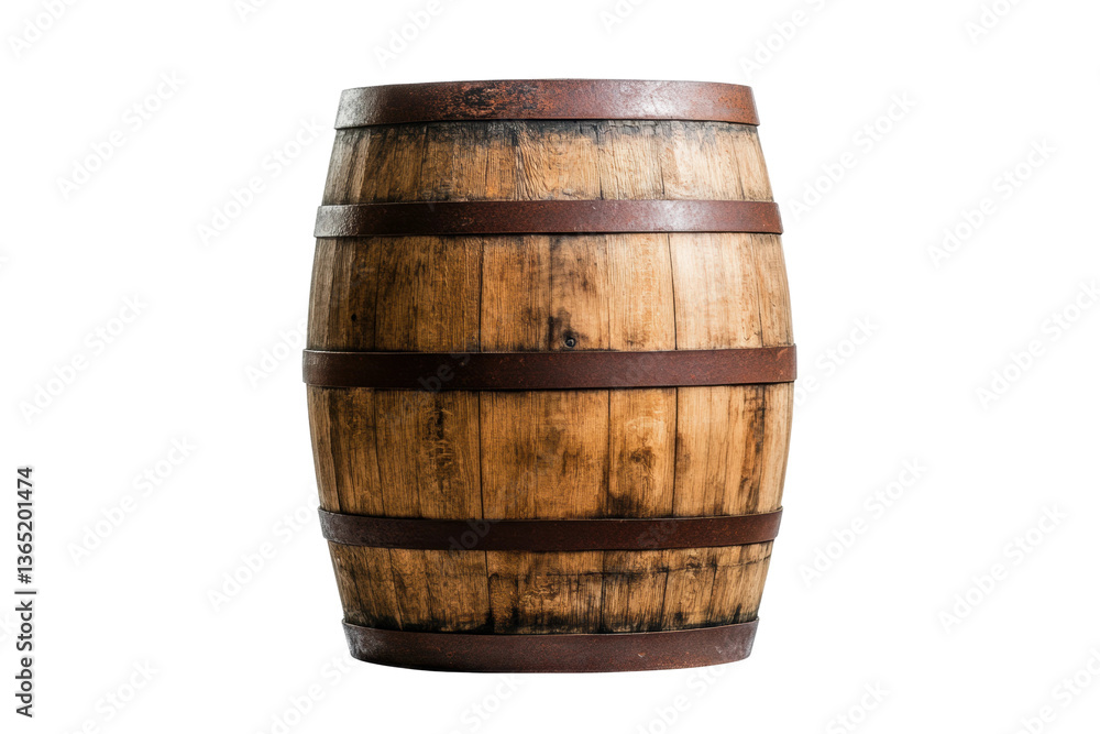 Obraz premium Rustic wooden barrel with metal hoops on black background, cut out