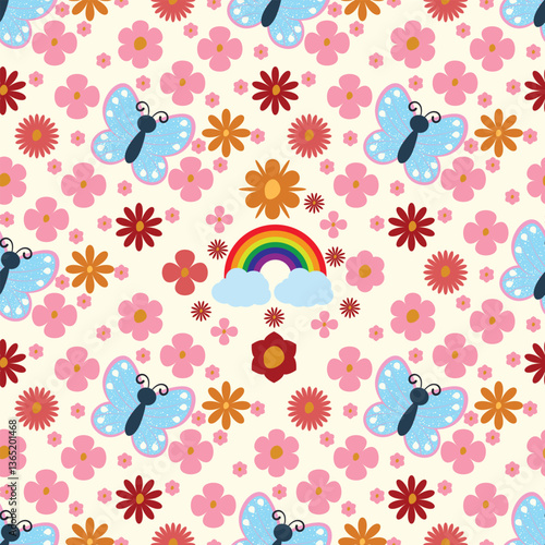 Seamless floral pattern with butterflies, rainbow, and delicate flowers on a soft pastel background. Perfect for fabrics, gift wrap, wallpaper, invitations, and seasonal decorations