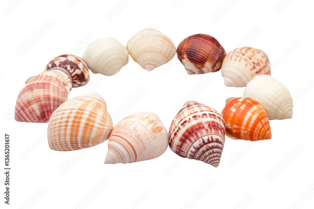 Colorful seashell circle on white background displaying varied textures and patterns, cut out Colorful seashell circle on white background displaying varied textures and patterns, cut out