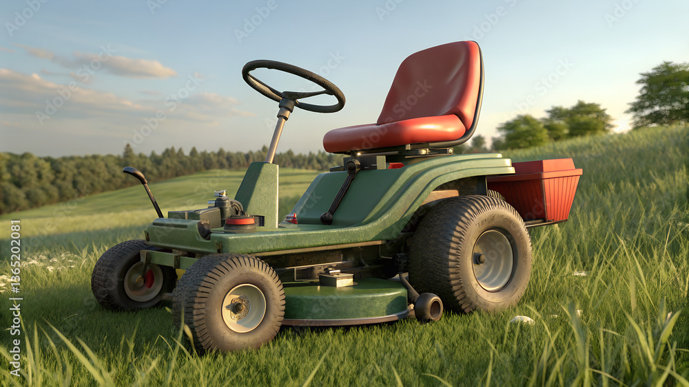 Fototapeta premium Riding Mower in a Lush Green Field under Clear Sky
