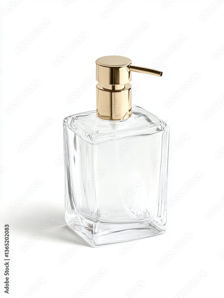 Clear Glass Soap Dispenser with Gold Pump on White Background Clear Glass Soap Dispenser with Gold Pump on White Background