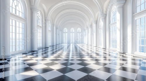 Grand White Hallway with Checkered Floor and Ocean View
