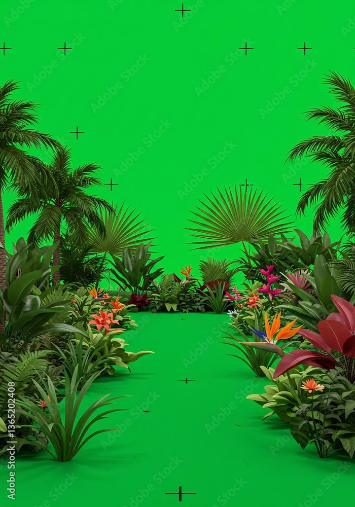 Fototapeta premium Lush tropical plants thrive against vibrant green backdrop. AI Generated