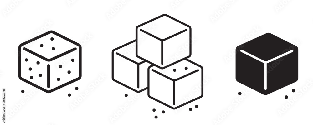 Sugar icon vector line stroke, sucrose cube pile pictogram simple outline solid graphic illustration set with crumbs, sweet food meal element square sign symbol shape silhouette clip art