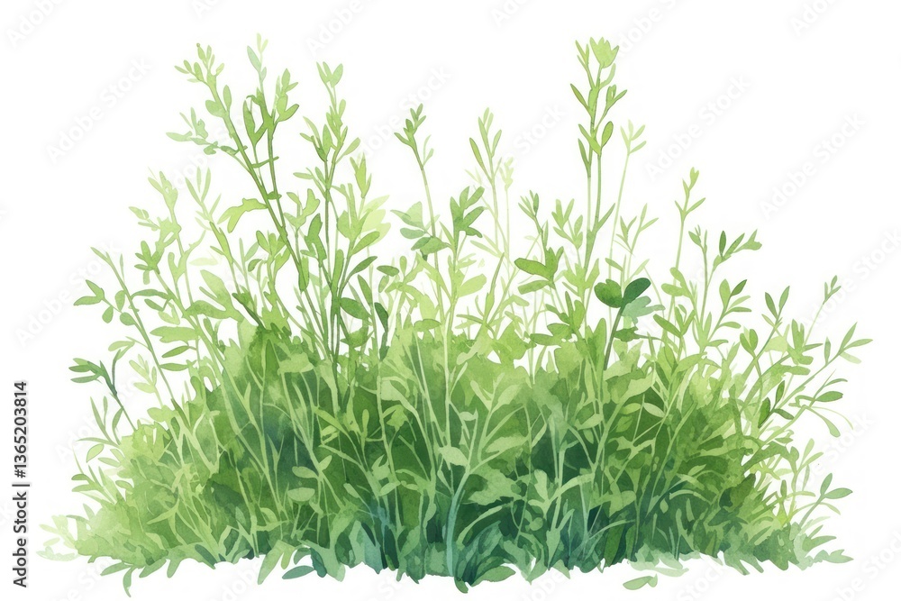 Fototapeta premium Green grass shrub illustration watercolor plant.