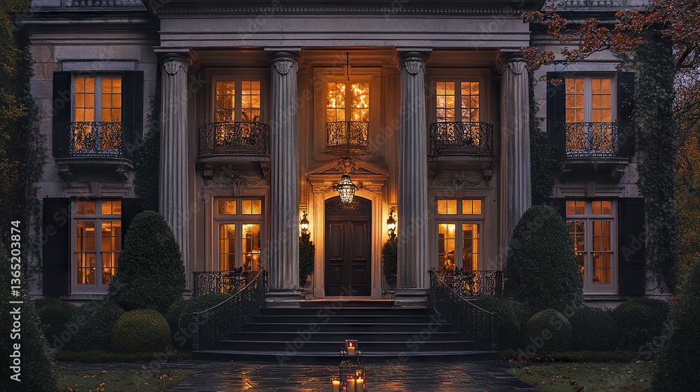 Fototapeta premium stately Georgian home with symmetrical columns and warm lighting