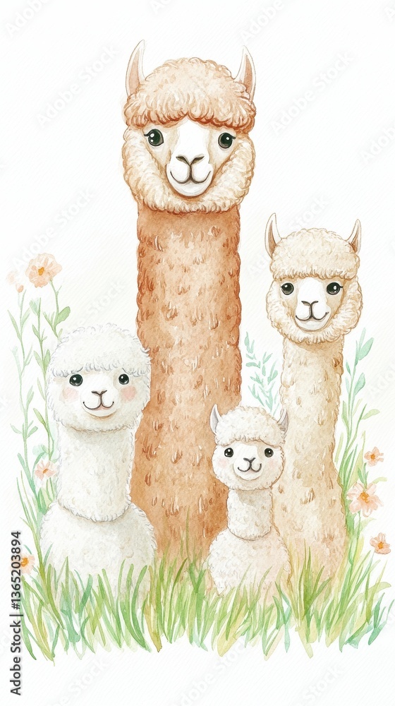 Naklejka premium A heartwarming portrait of an alpaca family with two adorable alpacas in a beautiful watercolor illustration