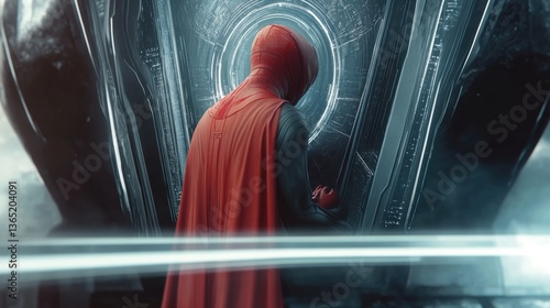 A striking scene of a masked hero in a vibrant red suit facing a futuristic portal, evoking themes of adventure, bravery, and the unknown within a sci-fi narrative.