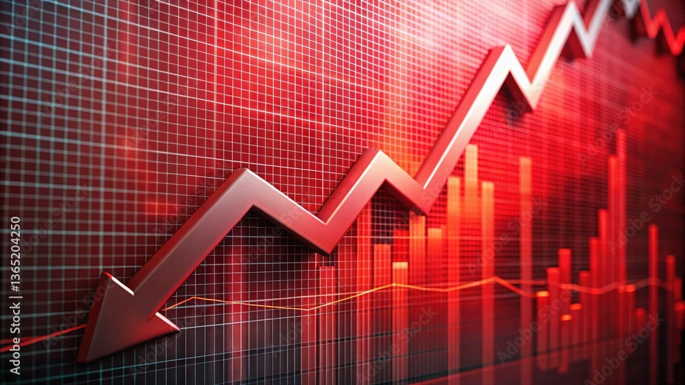 A dramatic downward trending arrow dramatically highlights a financial crisis depicted in a detailed red business graph illustrating economic downturn and market instability. A dramatic downward trending arrow dramatically highlights a financial crisis depicted in a detailed red business graph illustrating economic downturn and market instability.
