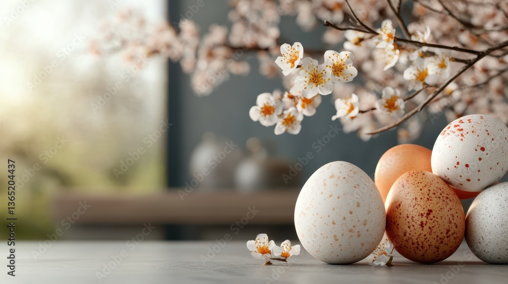 This delightful composition showcases a cluster of colorful eggs amidst blooming branches, evoking feelings of joy and new beginnings in spring.