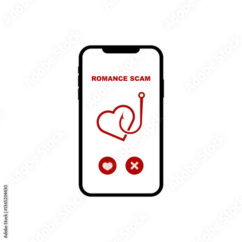 Icon of romance scam awareness with heart and hook symbol for online dating safety and caution.