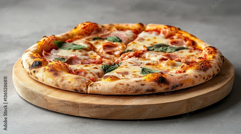 A mouthwatering ham and cheese pizza, artistically arranged on a round wooden board, ideal for showcasing culinary talent and evoking feelings of warmth and comfort. A mouthwatering ham and cheese pizza, artistically arranged on a round wooden board, ideal for showcasing culinary talent and evoking feelings of warmth and comfort.