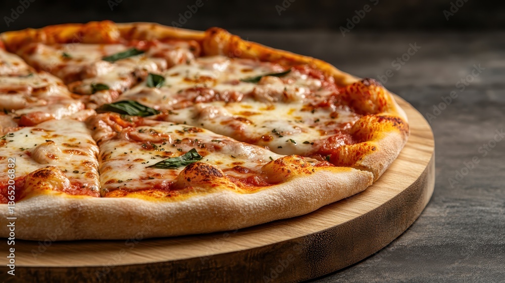 An enticing pizza featuring melted cheese, topped with fresh basil, elegantly displayed on a wooden board, perfect for culinary photography and capturing genuine flavors. An enticing pizza featuring melted cheese, topped with fresh basil, elegantly displayed on a wooden board, perfect for culinary photography and capturing genuine flavors.