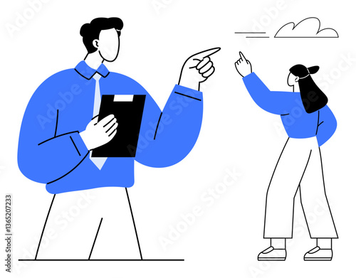 Two individuals in discussion, one holding a clipboard and the other pointing toward a direction. Ideal for teamwork, communication, brainstorming, strategy, leadership, workplace, business growth