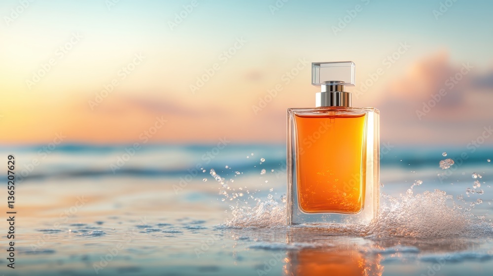 A beautiful perfume bottle stands on the shore as waves gently splash around it during a vibrant sunset, capturing the essence of luxury and tranquility. A beautiful perfume bottle stands on the shore as waves gently splash around it during a vibrant sunset, capturing the essence of luxury and tranquility.