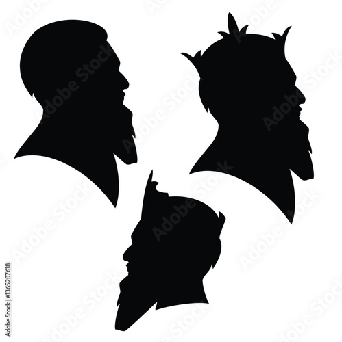 fairy tale bearded king wearing royal crown and noble old man - medieval fantasy persons black and white vector silhouette head portrait set