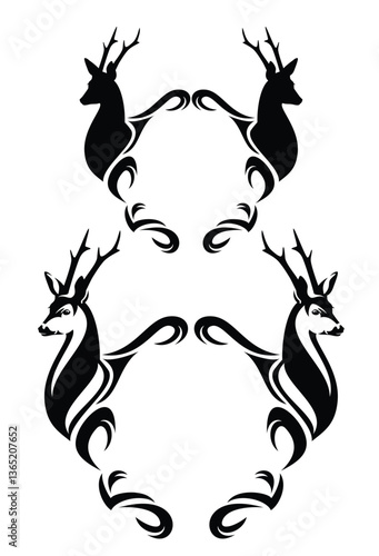 two roe deer stag heads and heraldic style copy space blank vignette shield black and white vector frame design
