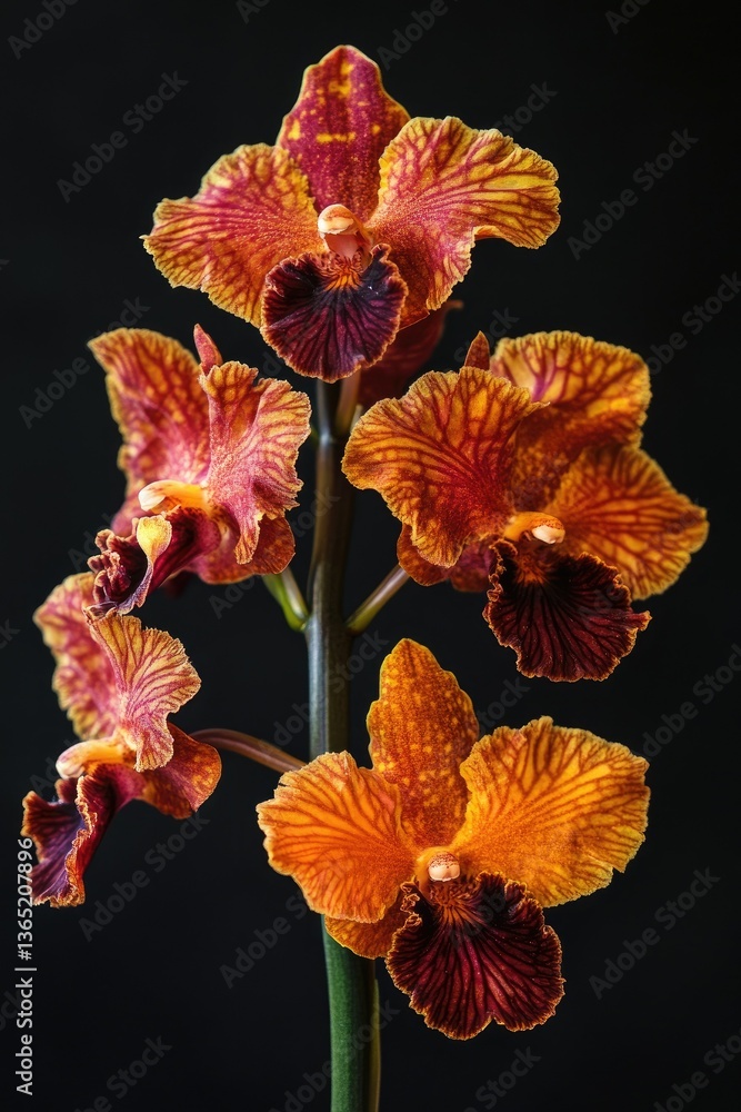 Obraz premium A vibrant display of orange and purple orchids blooming gracefully against a dark background, showcasing their intricate patterns and textures, perfect for floral enthusiasts and decor