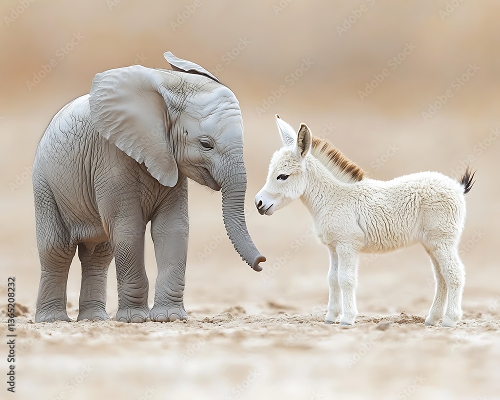 Fototapeta premium A baby elephant observes a small donkey in a soft toned scene