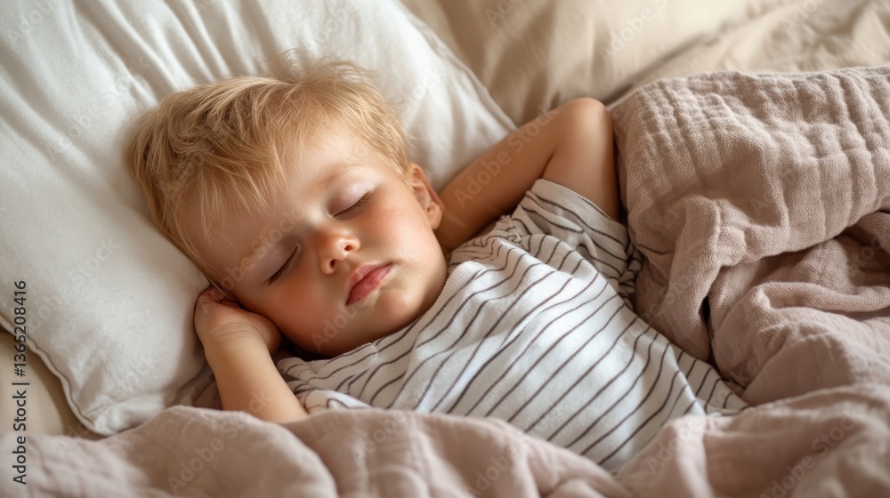 A delightful toddler peacefully sleeping under a soft, cozy blanket, illustrating the tranquility of sleep and the precious moments of childhood. A delightful toddler peacefully sleeping under a soft, cozy blanket, illustrating the tranquility of sleep and the precious moments of childhood.