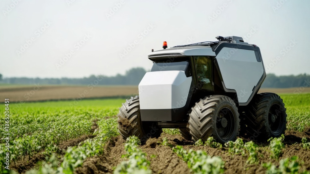 An AI powered autonomous farm vehicle, performing planting and crop maintenance tasks with high efficiency, Agricultural tech style An AI powered autonomous farm vehicle, performing planting and crop maintenance tasks with high efficiency, Agricultural tech style