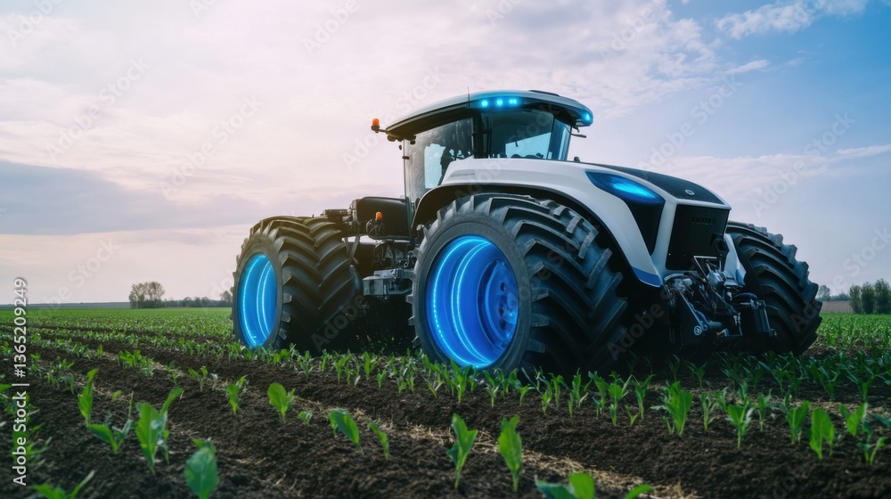 Obraz premium An AI powered autonomous farming tractor, plowing fields and planting crops with precision for improved yields, Agricultural tech style