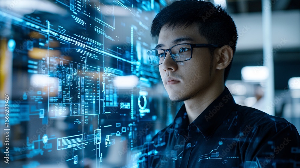 IT expert analyzing machine learning algorithms on a futuristic interface in an office setting IT expert analyzing machine learning algorithms on a futuristic interface in an office setting