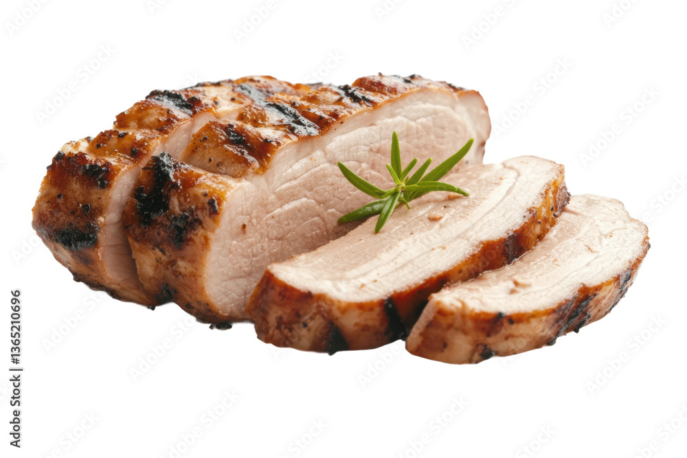 Grilled sliced turkey breast with fresh rosemary garnish, cut out