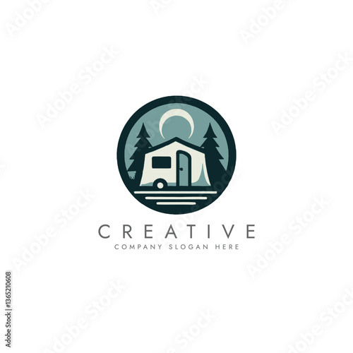 Camping caravan tent and nature logo simple color,  camping trailer vector illustration