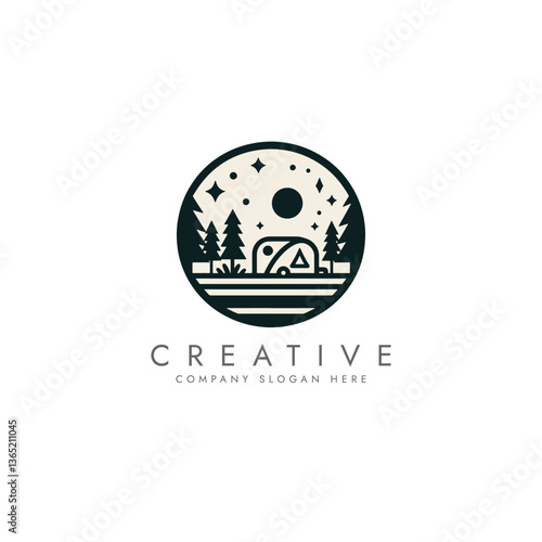 Camping caravan tent and nature logo simple color,  camping trailer vector illustration