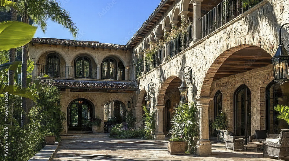 Fototapeta premium Mediterranean villa with stone arches and lush greenery