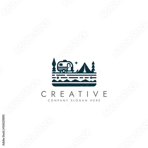 Camping caravan tent and nature logo simple color,  camping trailer vector illustration