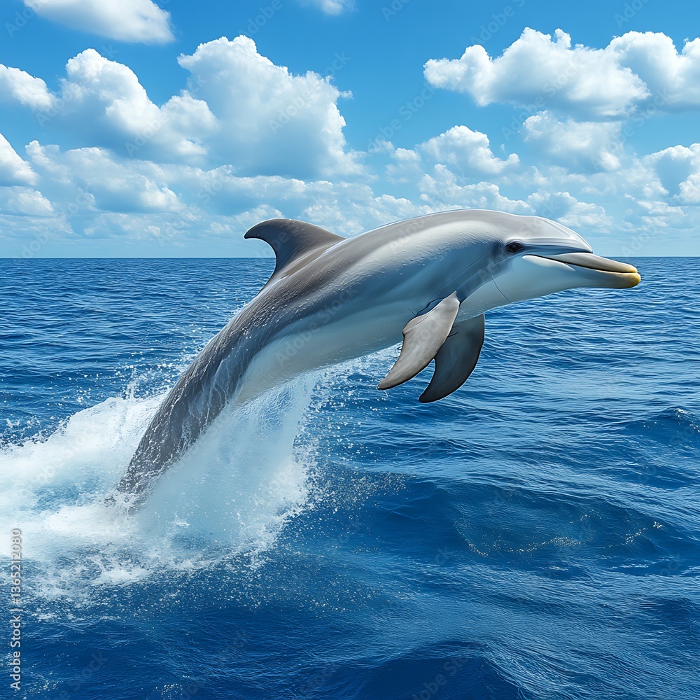 Fototapeta premium Dolphin leaping ocean, sunny sky, travel brochure
