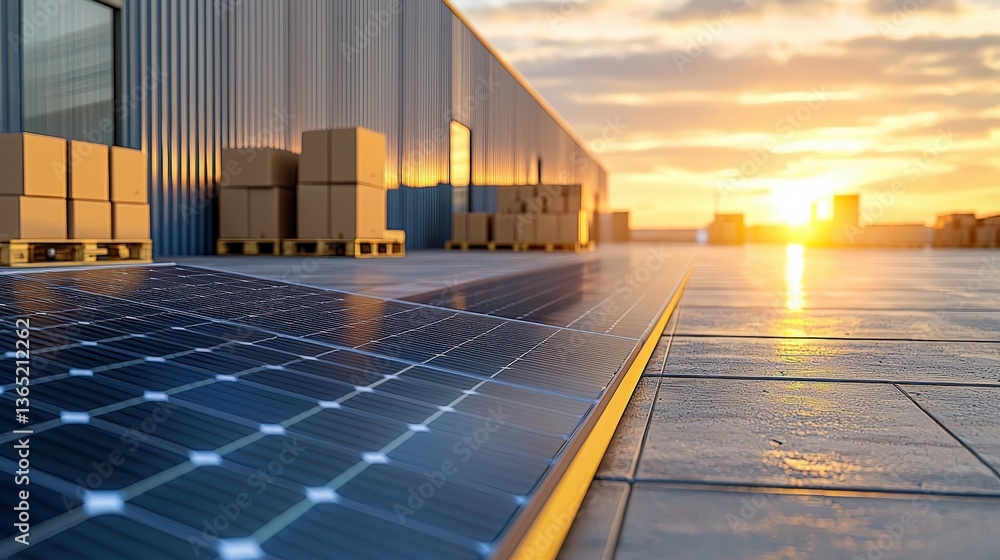 Fototapeta premium A modern warehouse scene at sunset featuring solar panels, storage boxes, and vibrant colors reflecting off the surfaces.