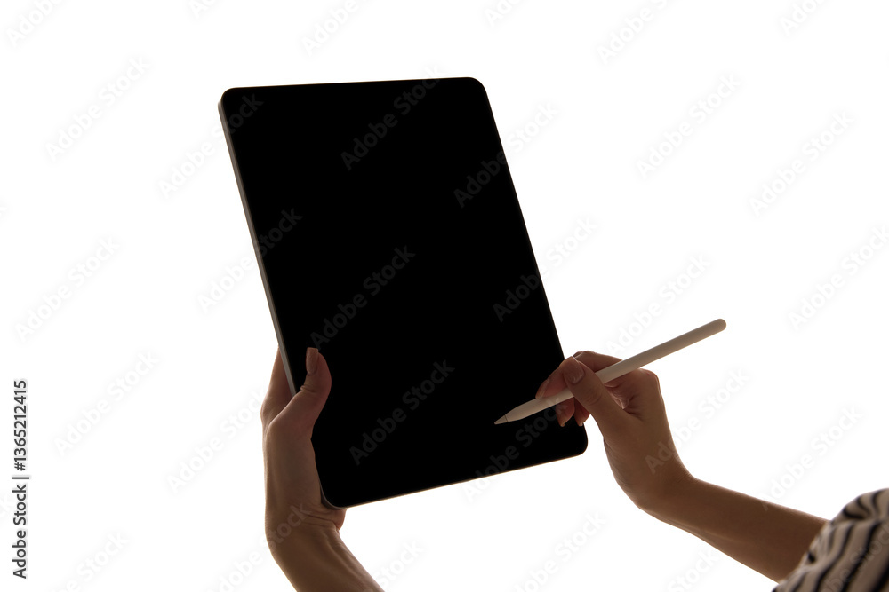 Woman interacting with tablet screen with stylus against white background. Concept of portable technology, mockups, website design templates, visuals, digital art creation, note-taking apps