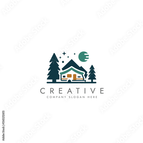 Camping caravan tent and nature logo simple color,  camping trailer vector illustration