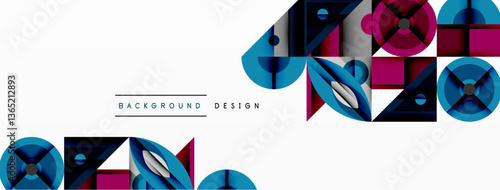 Geometric abstract composition with intersecting shapes, circles, triangles, and gradients, blending vibrant colors and dynamic contrasts to create a modern, futuristic visual design